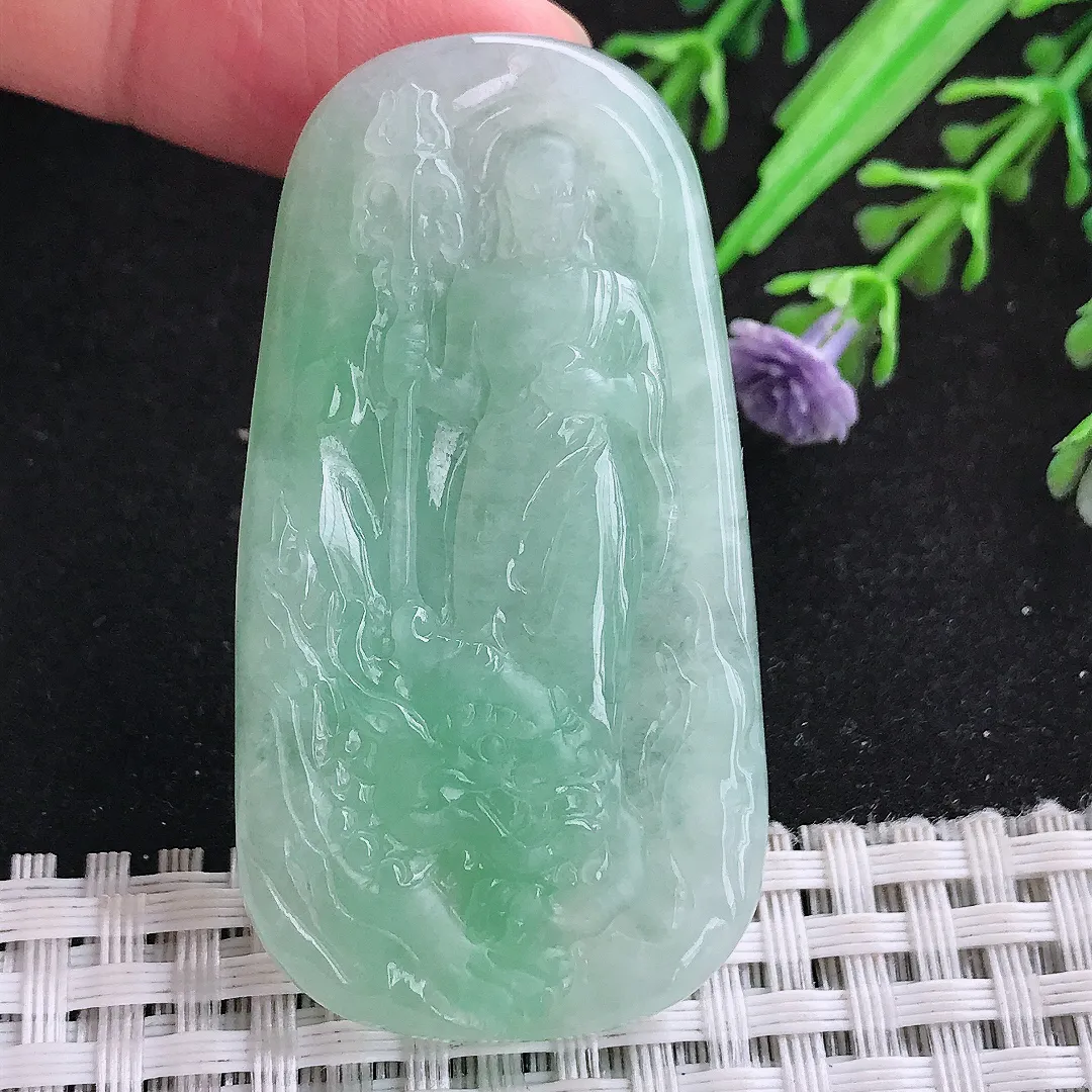 自然光54.3/28.8/6老坑冰润水灵冰晴绿地藏王菩萨吊坠翡翠玉坠
