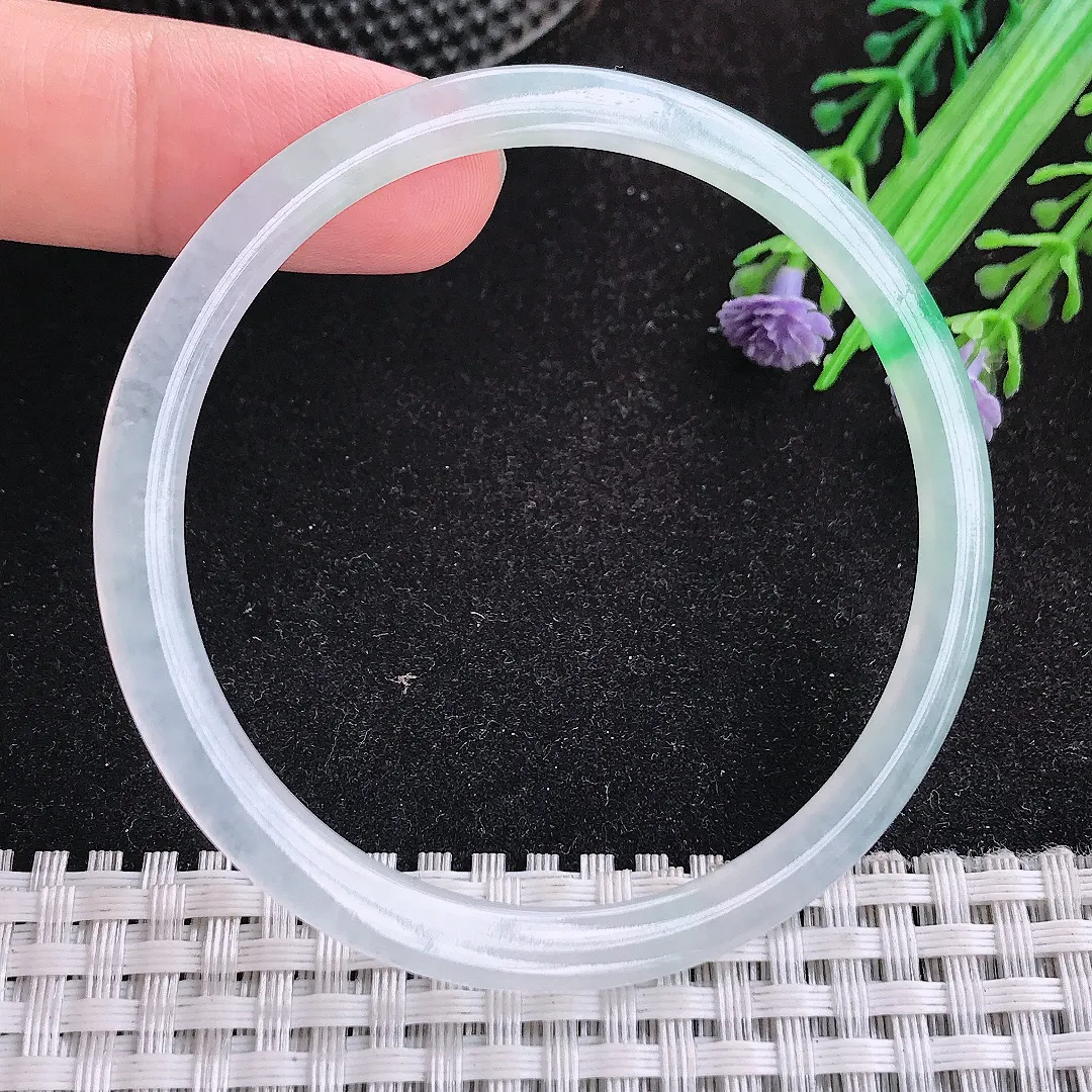 自然光54.5/4.1/5.7老坑冰种果冻胶飘阳绿细条手镯天然翡翠玉镯女款百搭