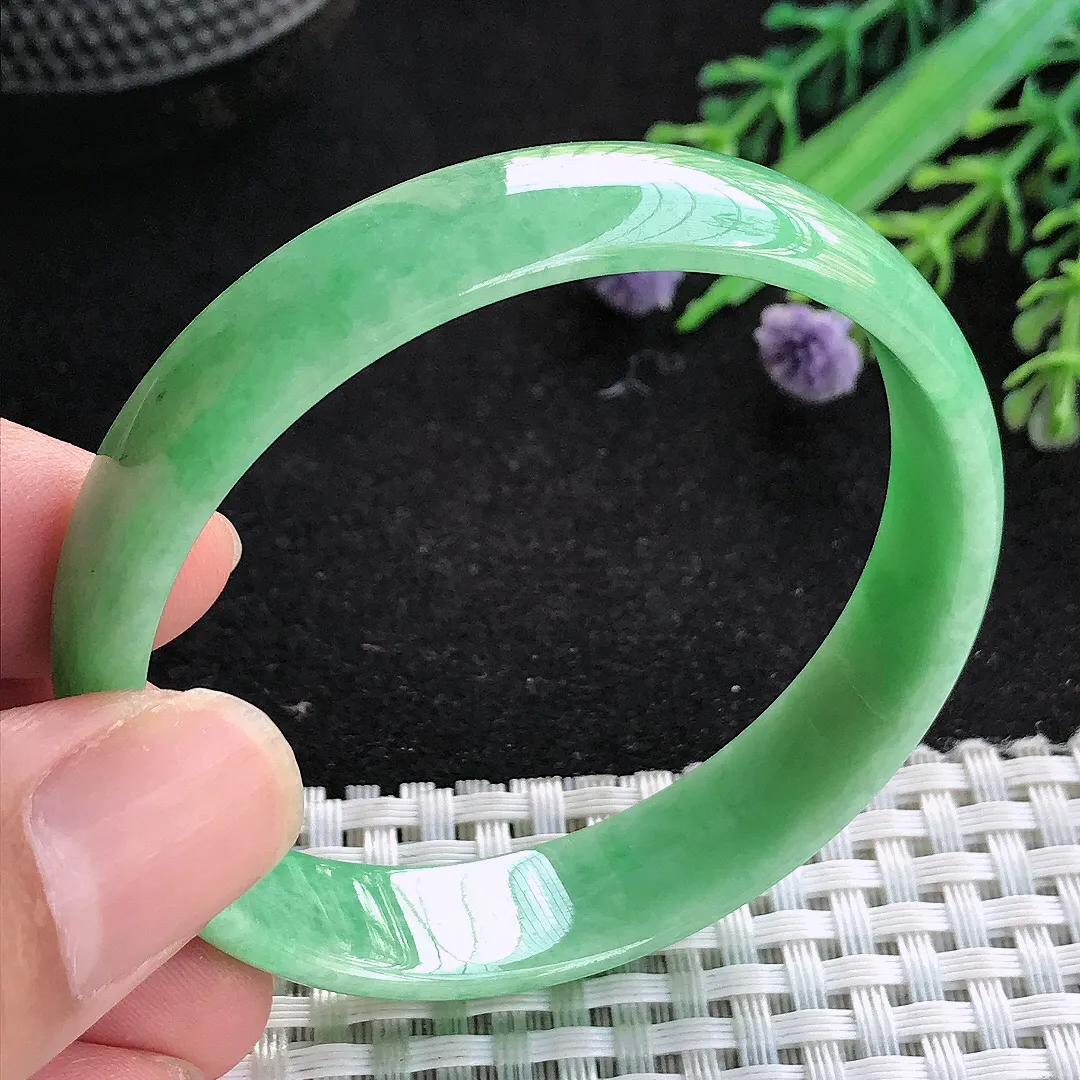 自然光53/12/4.4老坑精美满绿福镯天然翡翠玉镯女款百搭