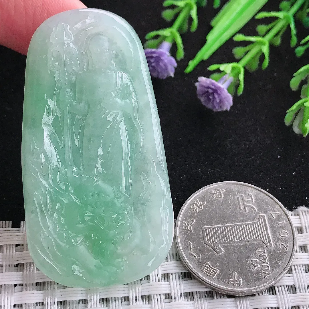 自然光54.3/28.8/6老坑冰润水灵冰晴绿地藏王菩萨吊坠翡翠玉坠