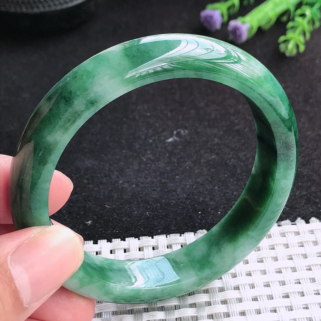 自然光56.5/12.7/8.1老坑精美温润特色飘花手镯天然翡翠玉镯女款百搭