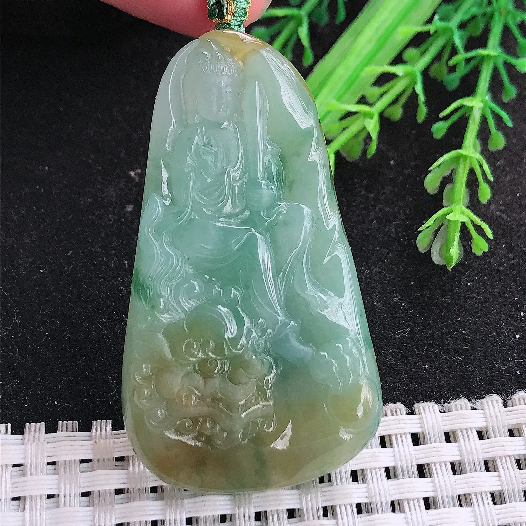 自然光54/31.2/7.8老坑冰胶果冻黄加绿文殊菩萨吊坠翡翠玉坠