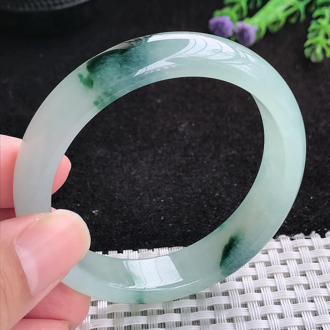 自然光54.5/12.9/7.3老坑冰胶水灵挺特色水墨飘花手镯天然翡翠玉镯女款百搭