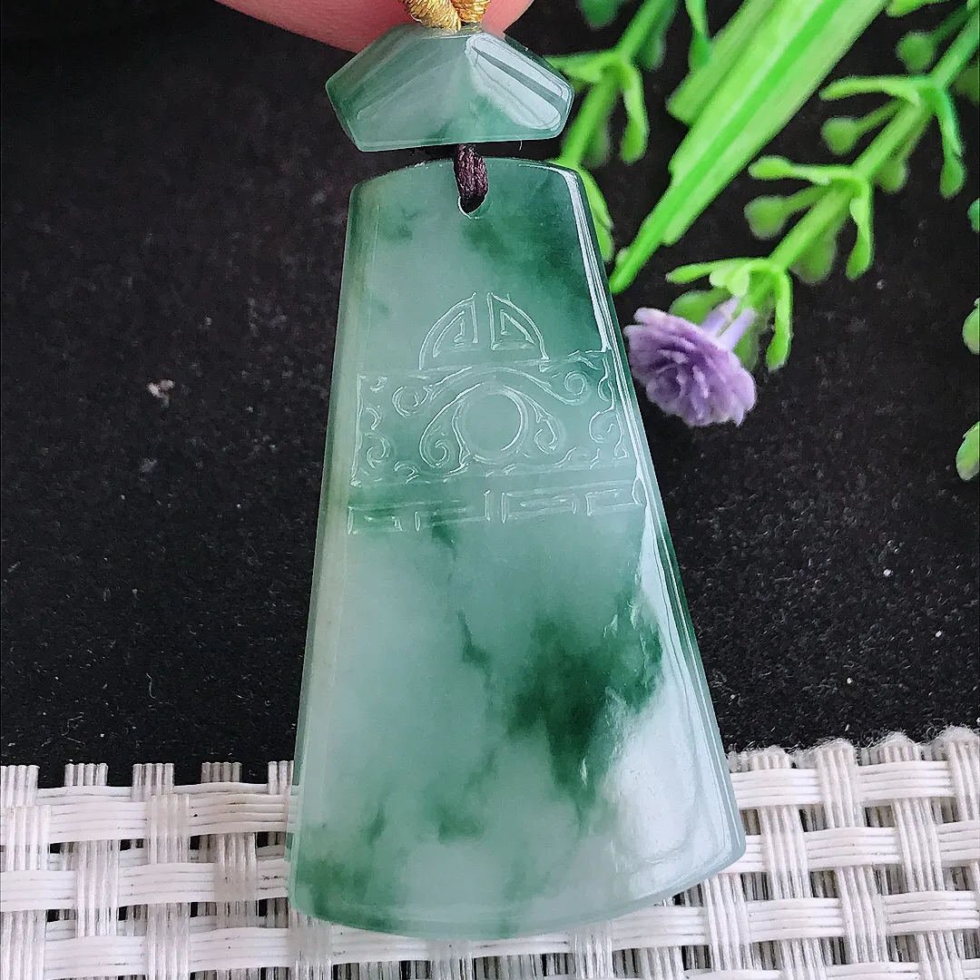 自然光44.5/26.6/6.2老坑精美冰润飘花无事牌吊坠翡翠玉坠