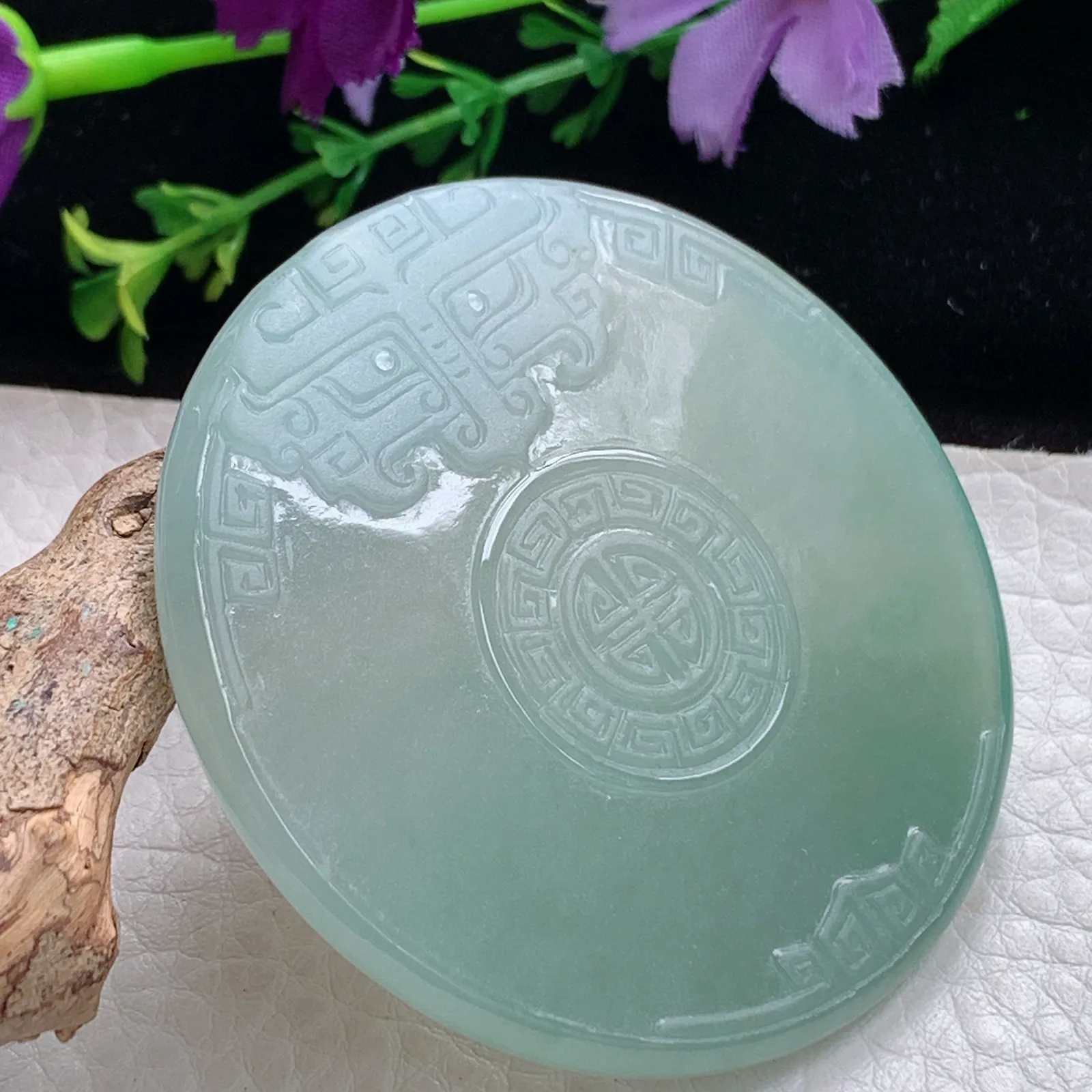 bg实拍56*5缅甸翡翠精雕仿古雕花玉佩吊坠吉祥平安扣项坠