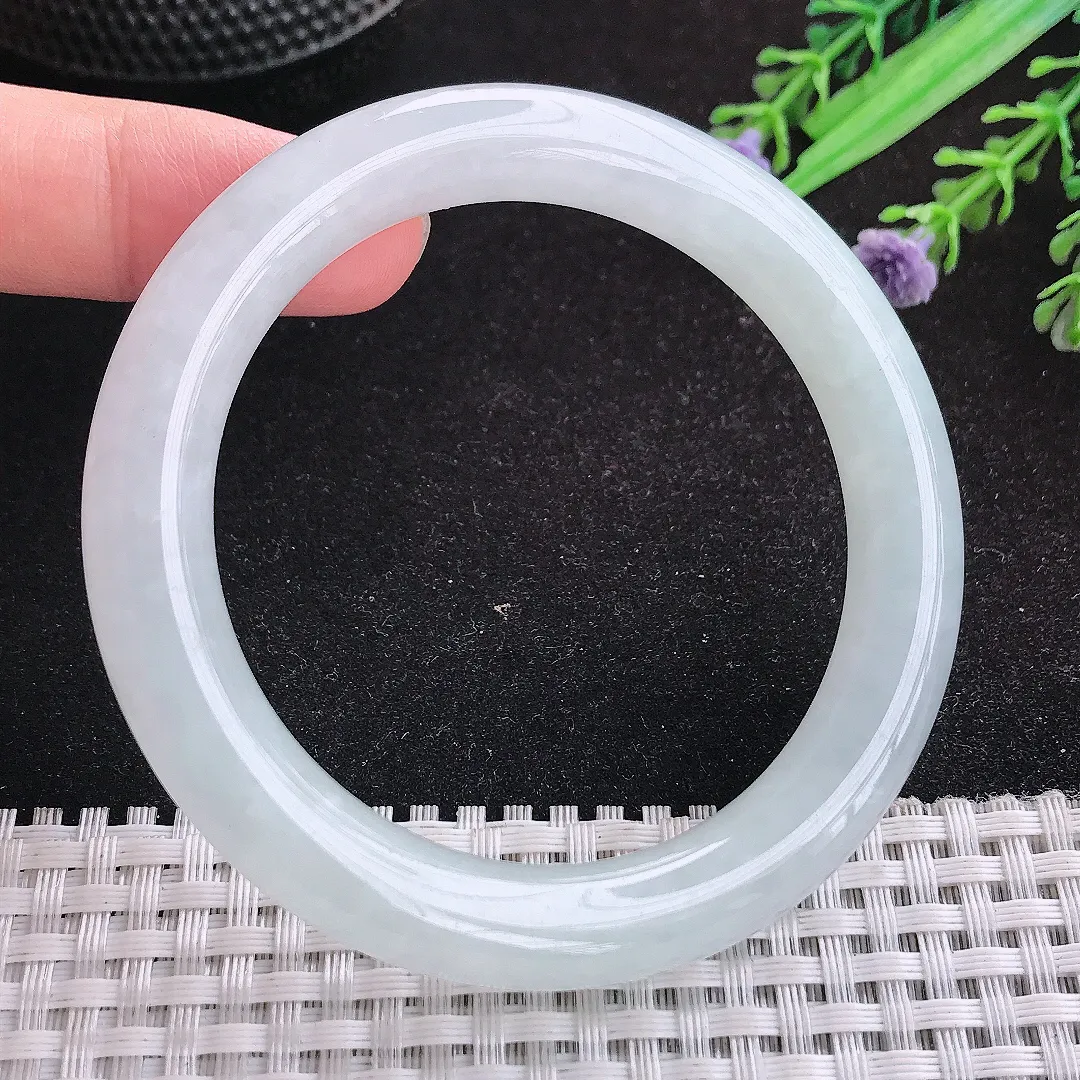 自然光55.5/10/9.8老坑冰胶水灵白月光圆条手镯天然翡翠玉镯女款百搭