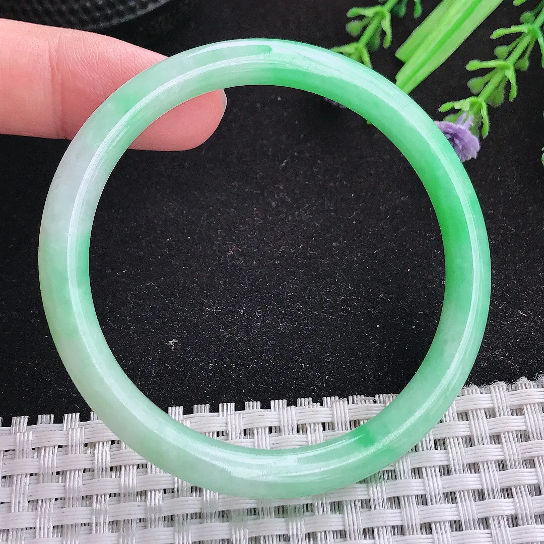 自然光54.5/6.5/6.8老坑精美满绿飘阳绿细条手镯天然翡翠玉镯女款百搭