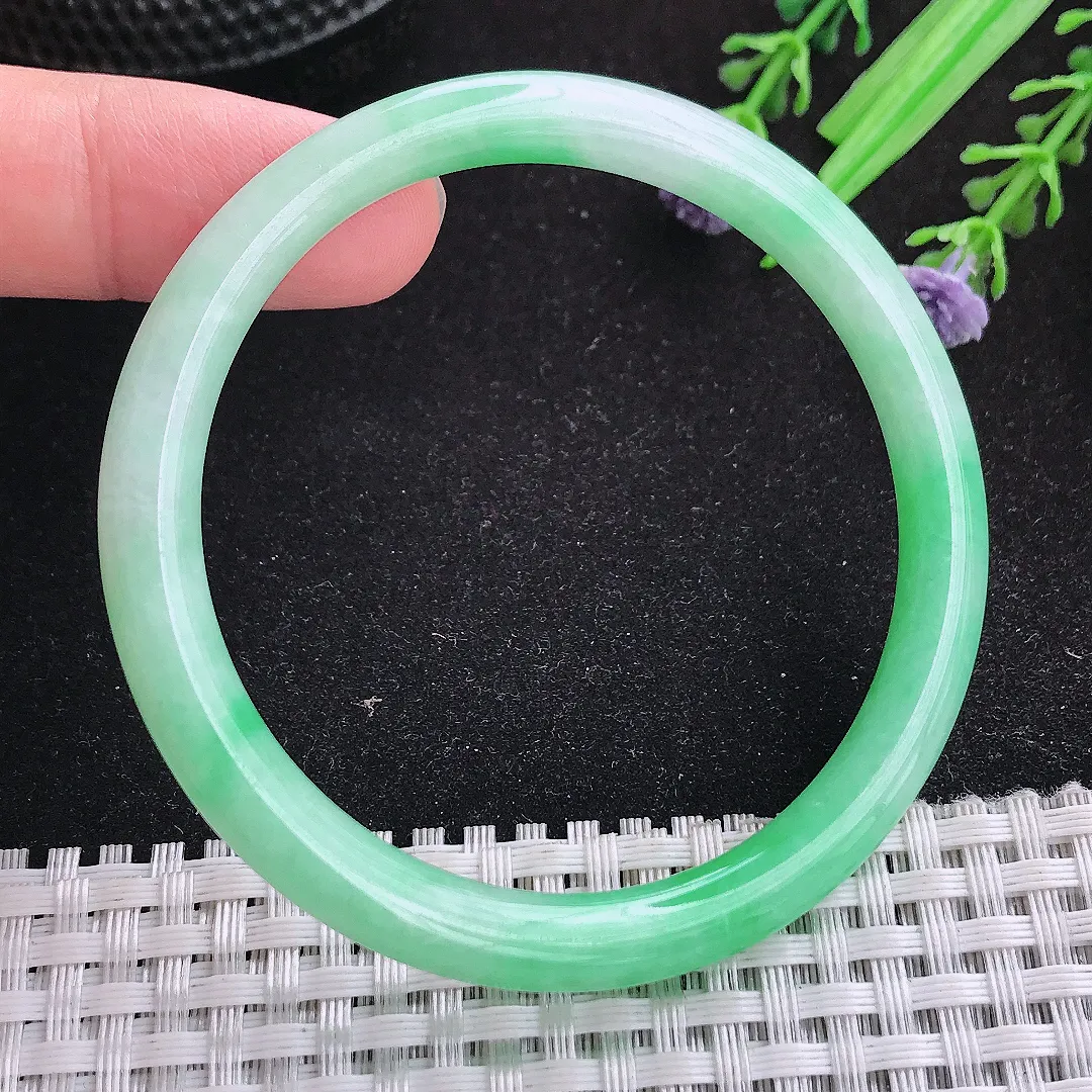 自然光54.5/6.5/6.8老坑精美满绿飘阳绿细条手镯天然翡翠玉镯女款百搭