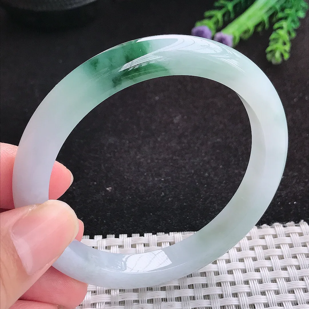 自然光60/9.3/8.6老坑精美冰润飘花手镯天然翡翠玉镯女款百搭