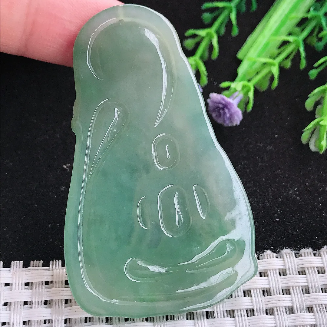 自然光63/39/5.2老坑冰润起胶冰晴绿文殊菩萨吊坠翡翠玉坠