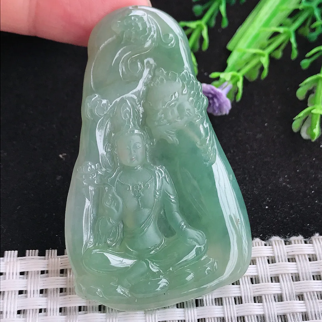 自然光63/39/5.2老坑冰润起胶冰晴绿文殊菩萨吊坠翡翠玉坠