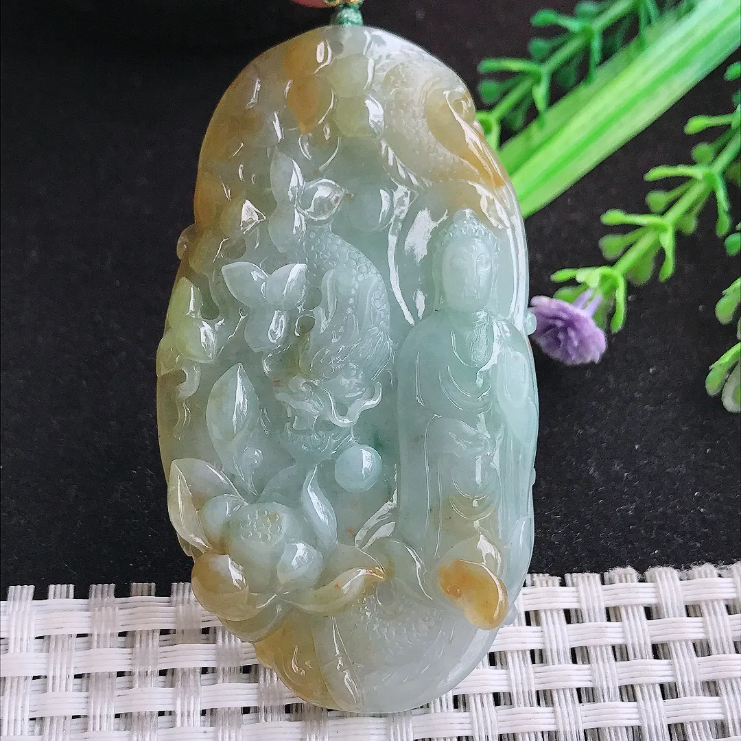 自然光66.8/37.4/8.6老坑冰润起胶飘黄翡阿弥陀佛吊坠翡翠玉坠