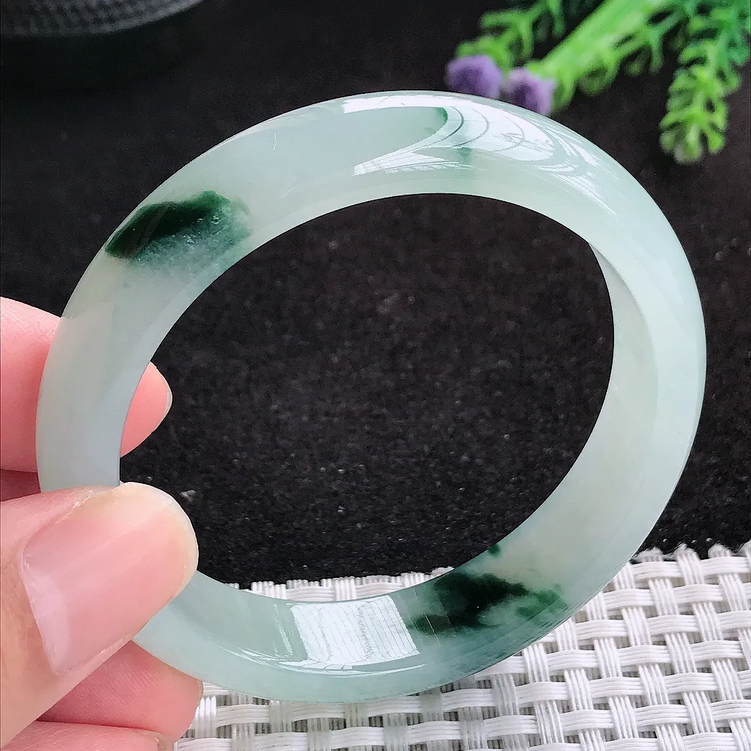 自然光54.5/12.9/7.3老坑冰胶水灵挺特色水墨飘花手镯天然翡翠玉镯女款百搭