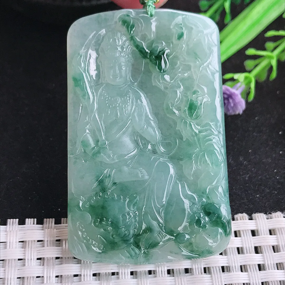 自然光57/36.5/5.2老坑冰胶水灵飘花文殊菩萨吊坠翡翠玉坠