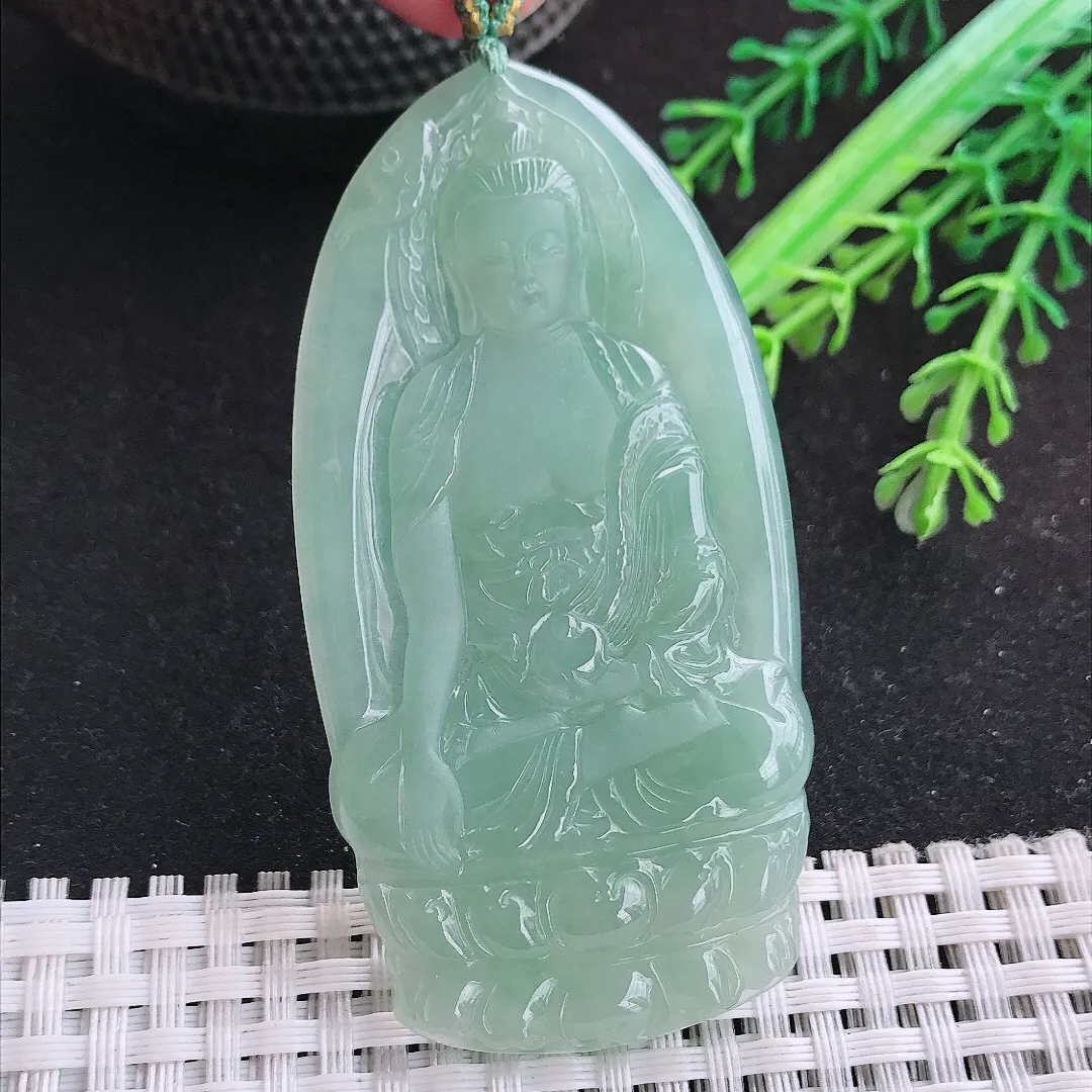 自然光71.5/37.3/4.9老坑冰胶果冻冰晴绿观音菩萨吊坠翡翠玉坠