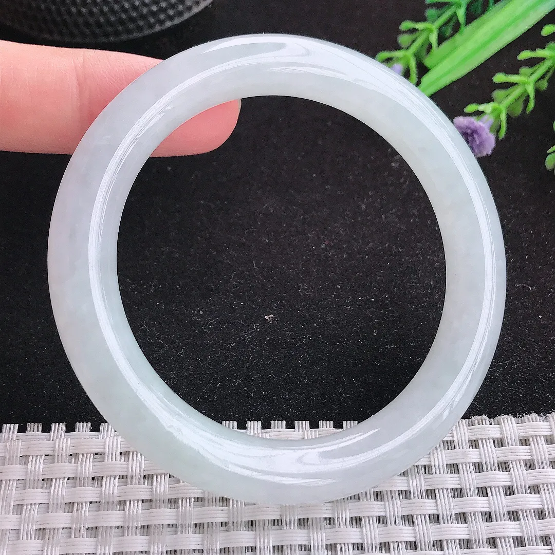 自然光55.5/10/9.8老坑冰胶水灵白月光圆条手镯天然翡翠玉镯女款百搭