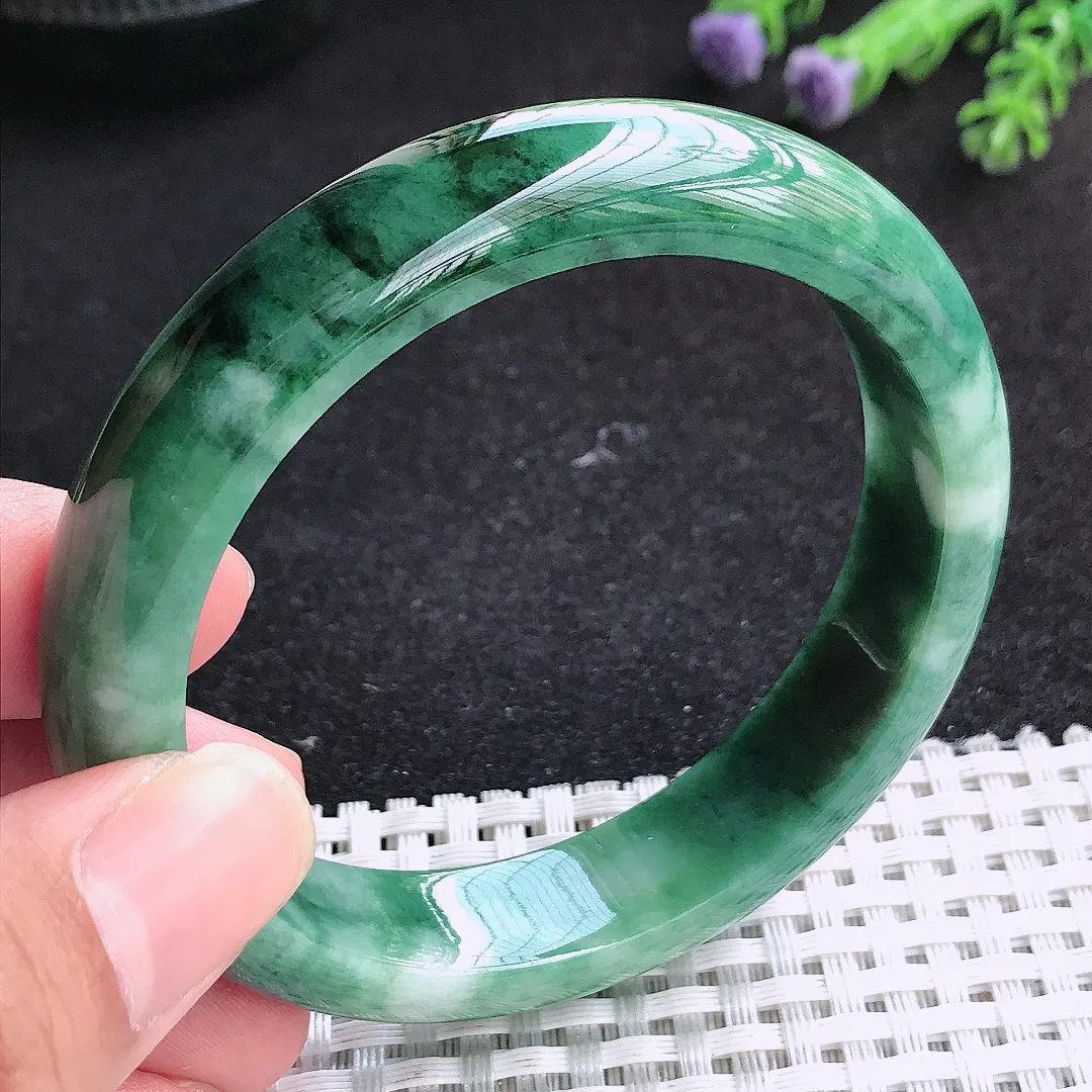 自然光56.5/12.7/8.1老坑精美温润特色飘花手镯天然翡翠玉镯女款百搭