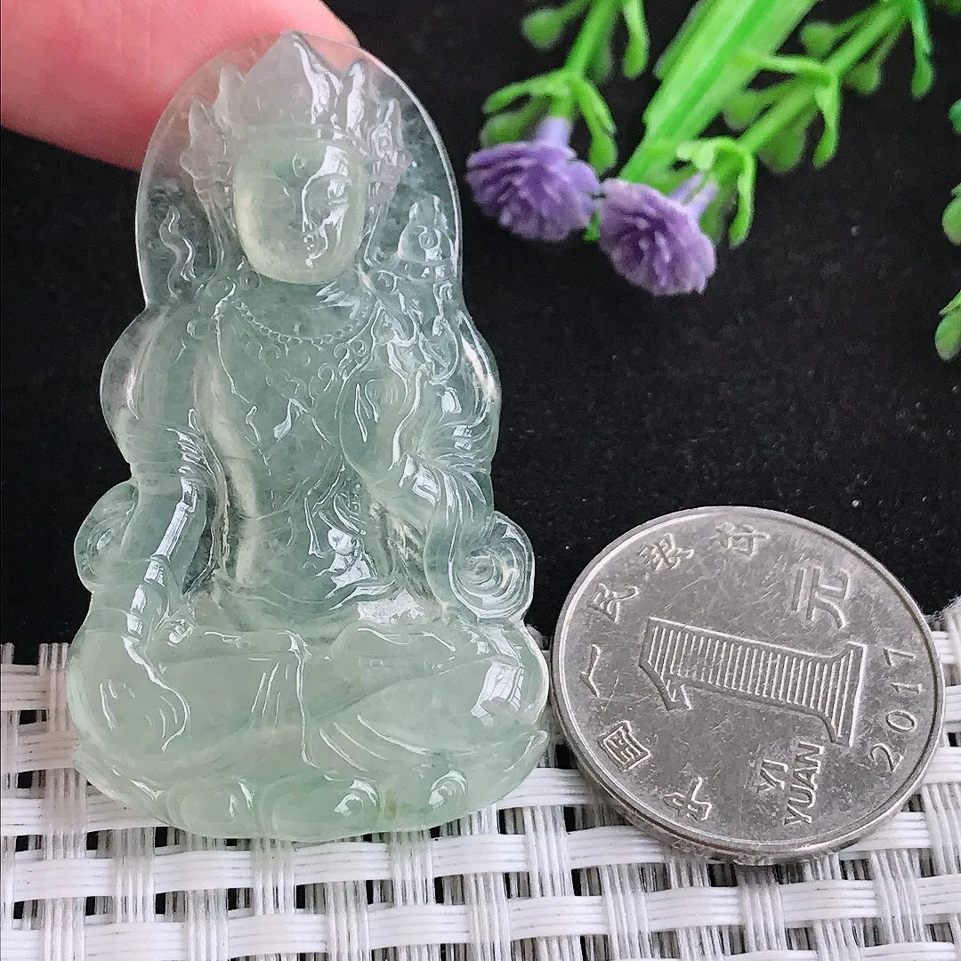 自然光49.7/29/5.2老坑冰种果冻胶冰甜绿渡母菩萨吊坠翡翠玉坠