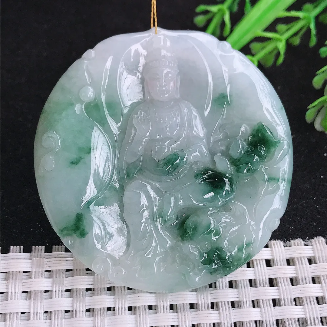 自然光52.5/52/5.5老坑精美冰润飘花文殊菩萨吊坠翡翠玉坠
