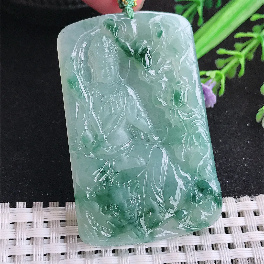 自然光57/36.5/5.2老坑冰胶水灵飘花文殊菩萨吊坠翡翠玉坠