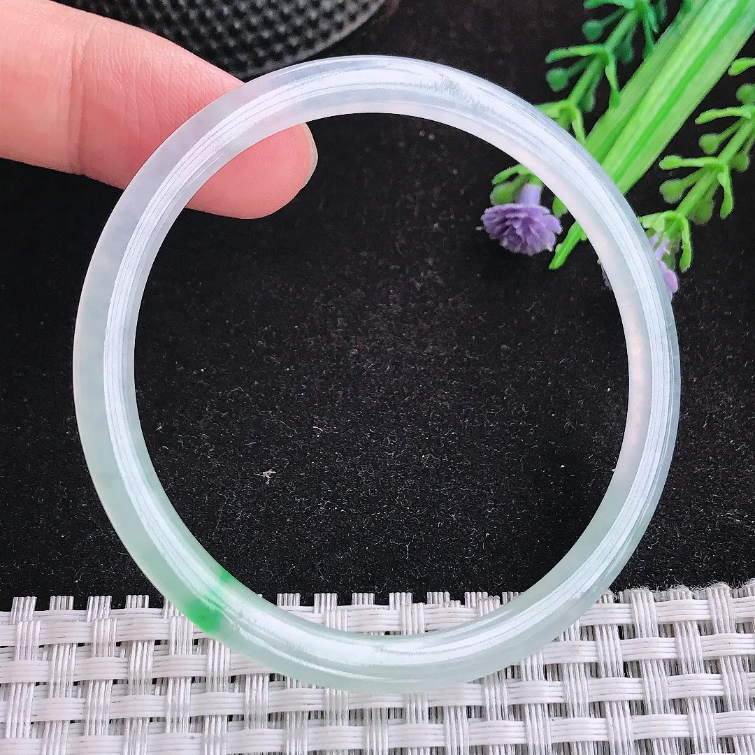 自然光54.5/4.1/5.7老坑冰种果冻胶飘阳绿细条手镯天然翡翠玉镯女款百搭