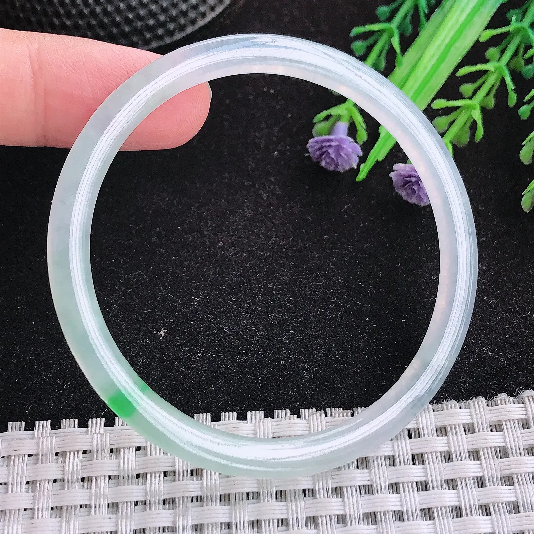 自然光54.5/4.1/5.7老坑冰种果冻胶飘阳绿细条手镯天然翡翠玉镯女款百搭