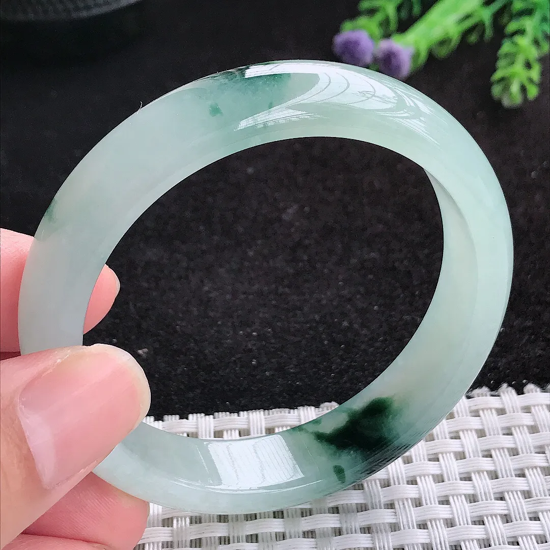 自然光54.5/12.9/7.3老坑冰胶水灵挺特色水墨飘花手镯天然翡翠玉镯女款百搭