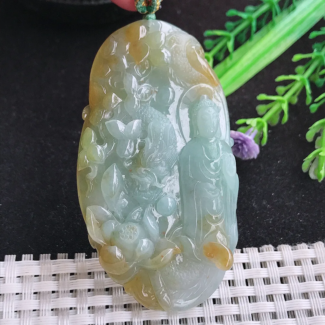 自然光66.8/37.4/8.6老坑冰润起胶飘黄翡阿弥陀佛吊坠翡翠玉坠