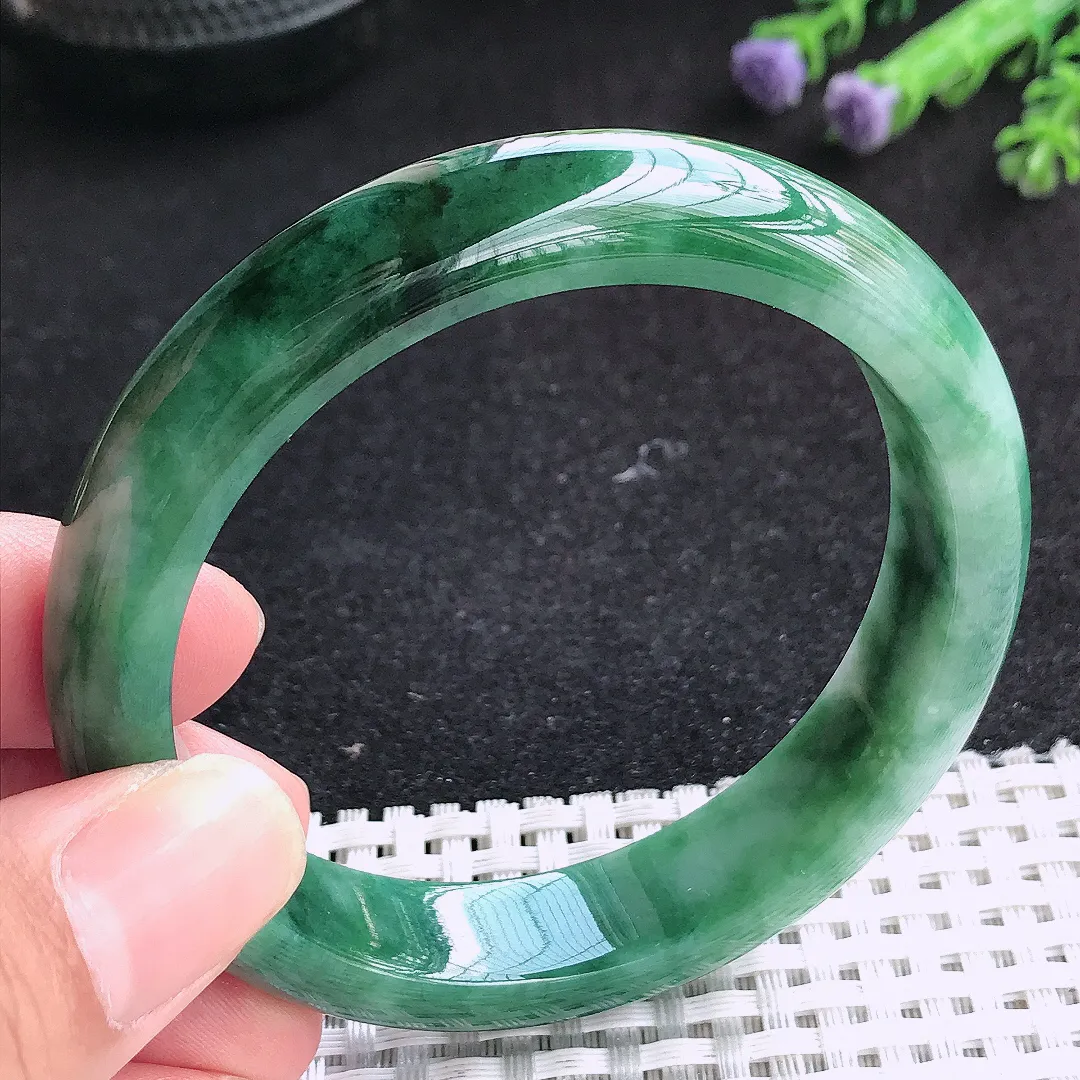 自然光56.5/12.7/8.1老坑精美温润特色飘花手镯天然翡翠玉镯女款百搭