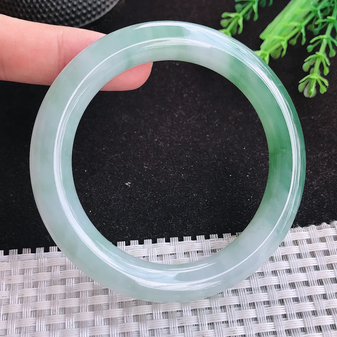 自然光57/10.4/10.3老坑冰润起胶飘花圆条手镯天然翡翠玉镯女款百搭