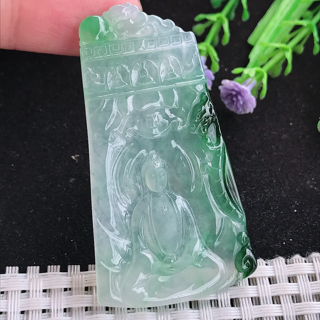 自然光59.6/32.6/3.8老坑冰胶果冻飘花大日如来佛祖吊坠翡翠玉坠