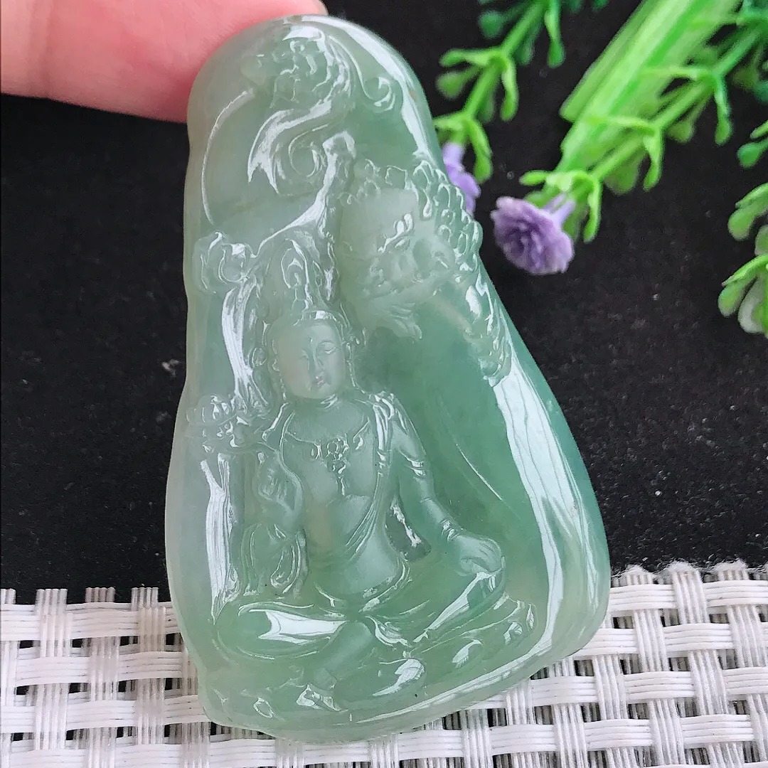 自然光63/39/5.2老坑冰润起胶冰晴绿文殊菩萨吊坠翡翠玉坠