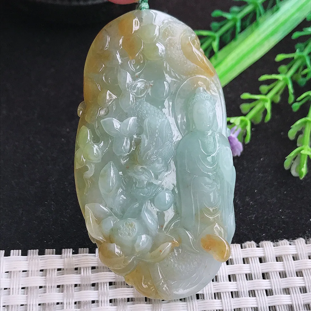 自然光66.8/37.4/8.6老坑冰润起胶飘黄翡阿弥陀佛吊坠翡翠玉坠