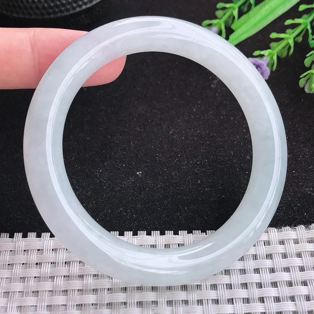 自然光55.5/10/9.8老坑冰胶水灵白月光圆条手镯天然翡翠玉镯女款百搭