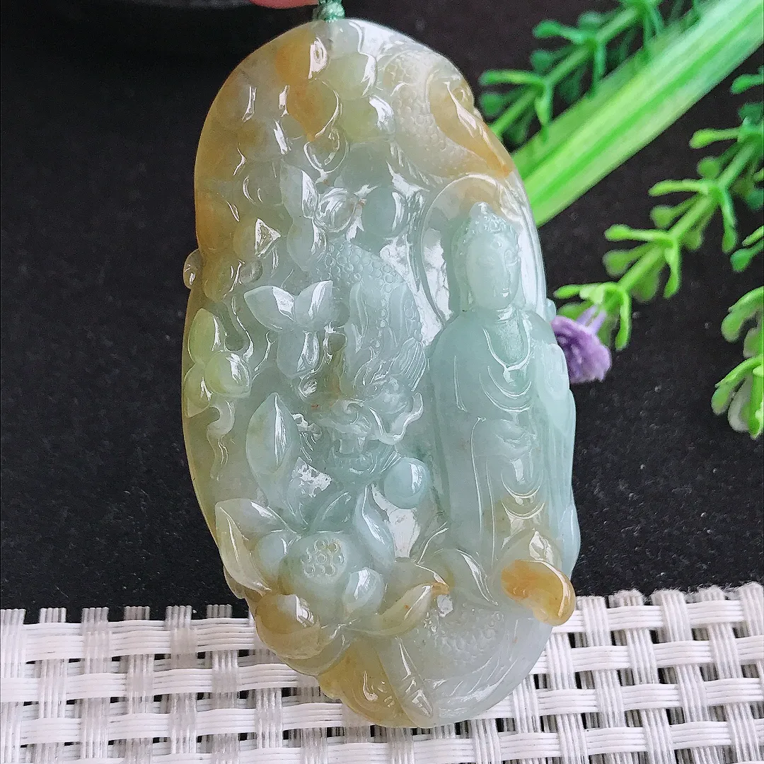 自然光66.8/37.4/8.6老坑冰润起胶飘黄翡阿弥陀佛吊坠翡翠玉坠