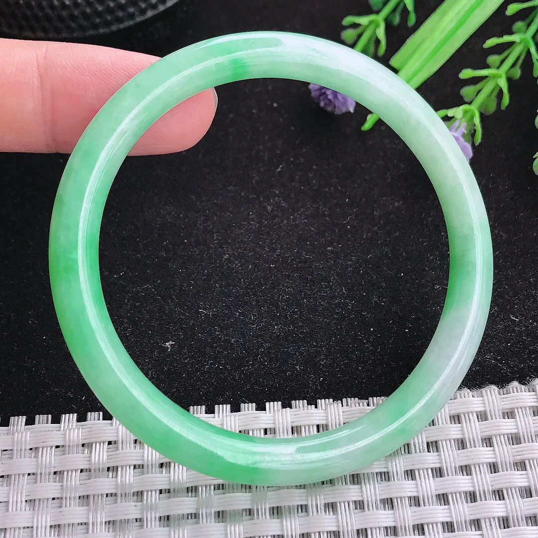 自然光54.5/6.5/6.8老坑精美满绿飘阳绿细条手镯天然翡翠玉镯女款百搭