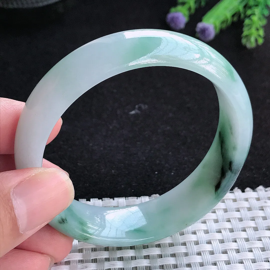 自然光56.5/16/7.2老坑精美温润飘花手镯天然翡翠玉镯女款百搭
