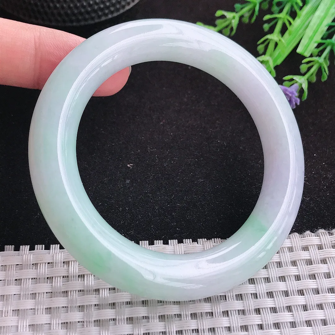 自然光53.5/11.3老坑冰胶水灵飘绿胖圆条手镯天然翡翠玉镯女款百搭