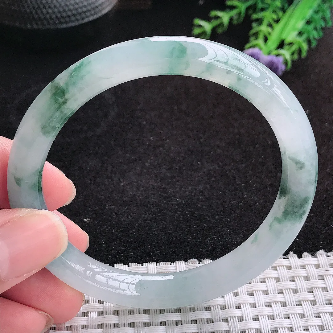 自然光59/10.2/8.6老坑冰胶果冻飘花圆条手镯天然翡翠玉镯女款百搭