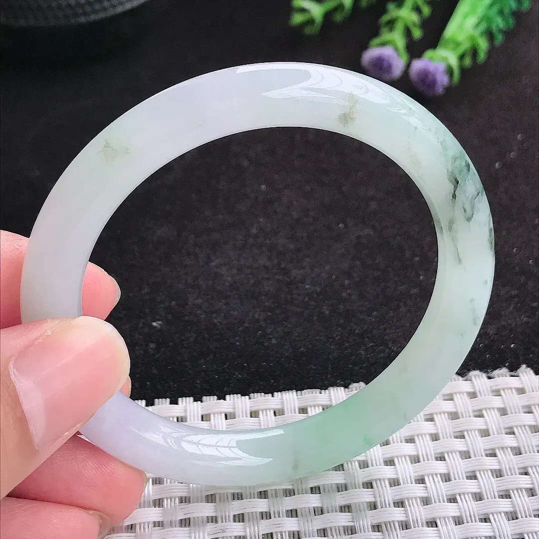 自然光52.5/8.5/8.2老坑冰润起胶飘花圆条手镯天然翡翠玉镯女款百搭