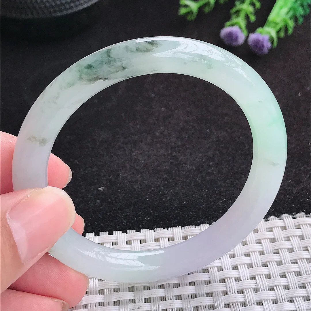 自然光52.5/8.5/8.2老坑冰润起胶飘花圆条手镯天然翡翠玉镯女款百搭