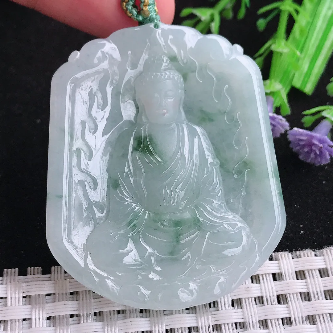 自然光49.8/42.6/5.6老坑精美冰润飘花大日如来佛祖吊坠翡翠玉坠