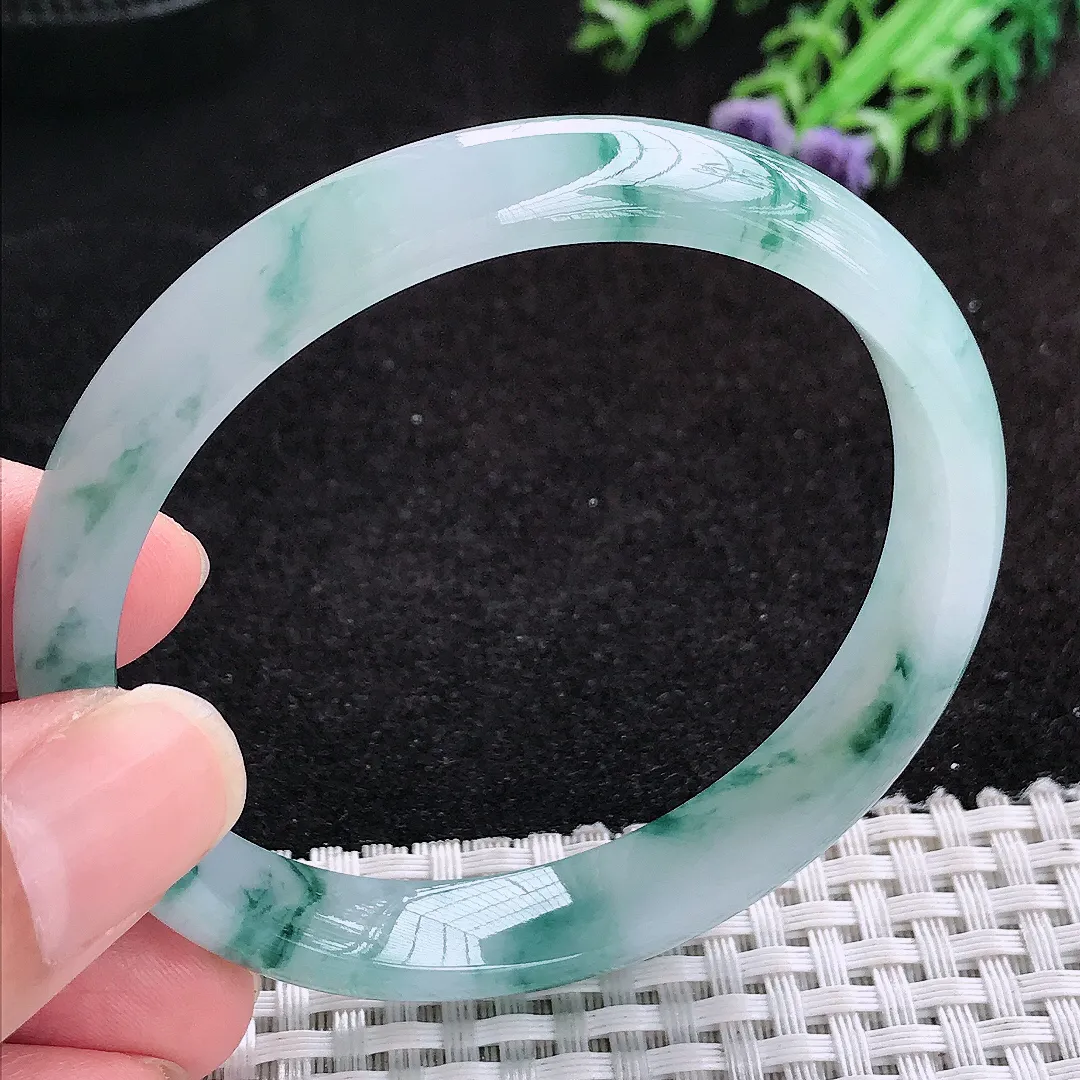 自然光57.5/10.5/6.5老坑冰胶水灵飘花手镯蓝花天然翡翠玉镯女款百搭