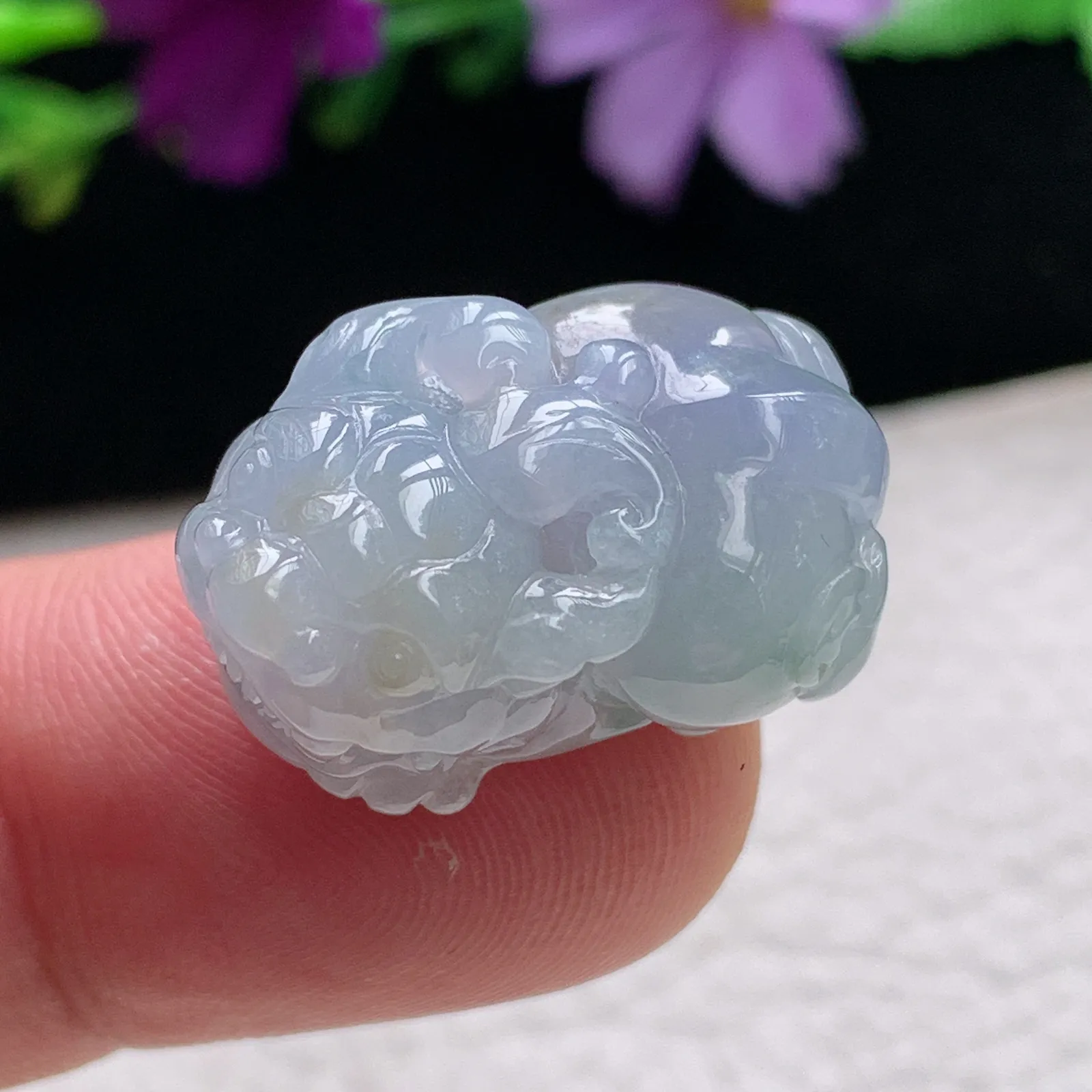 Lz实拍25*15.5*12.8缅甸翡翠冰透紫罗兰貔貅吊坠嘴含珠能动