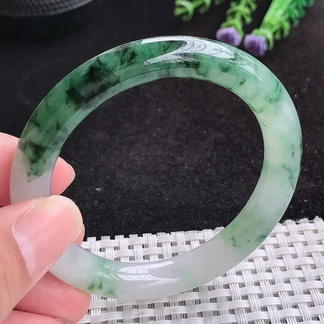 自然光53.5/9.3/9老坑精美冰润飘花圆条手镯天然翡翠玉镯女款百搭