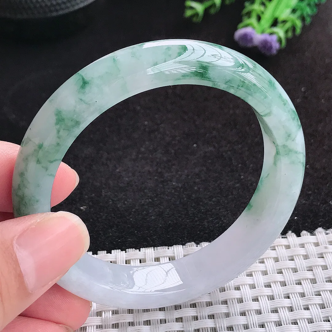 自然光55.5/12.2/8.3老坑冰润水灵飘花手镯天然翡翠玉镯女款百搭
