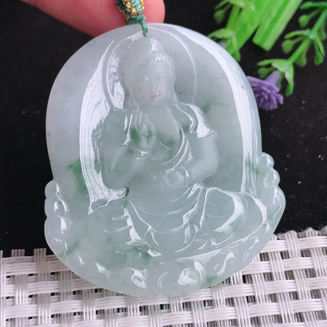 自然光51.6/46/5.6老坑冰润起胶飘花阿弥陀佛吊坠翡翠玉坠