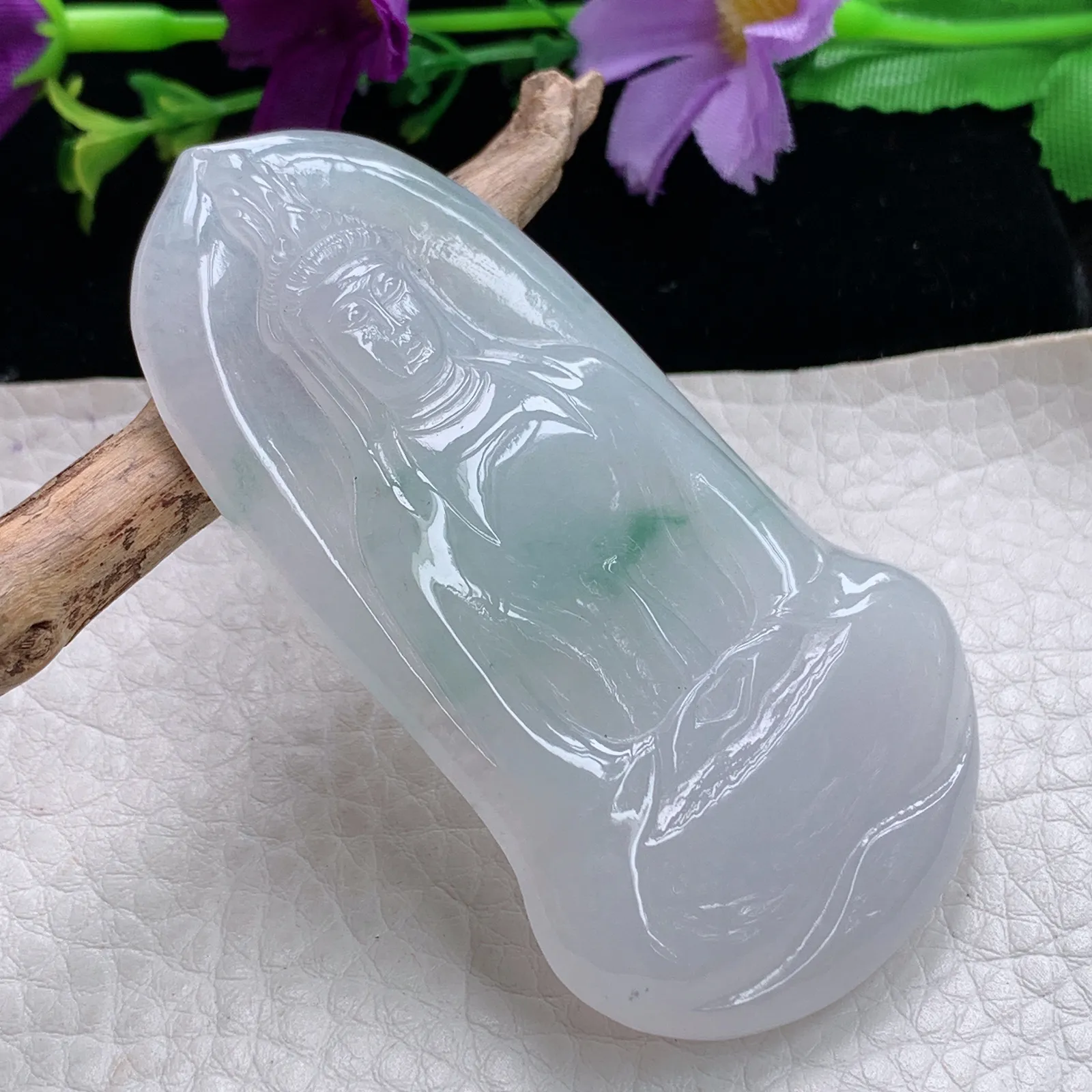 Lz实拍70.5*39.8*6.3缅甸翡翠冰透飘花素衣观音吊坠净瓶观音菩萨颈坠