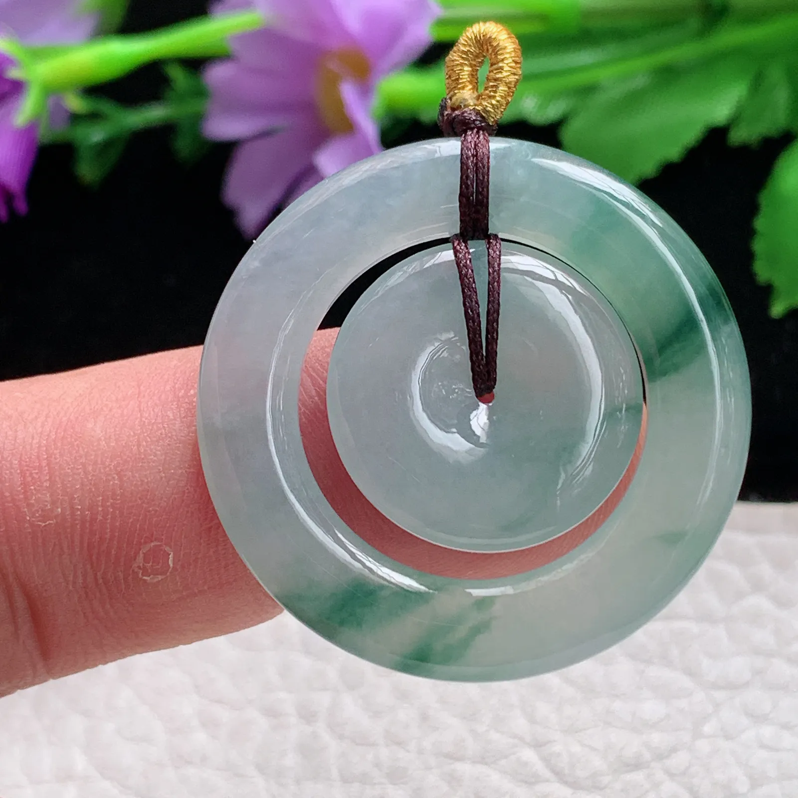 ajj实拍35*4缅甸翡翠冰透飘花平安扣吊坠卫母扣锁骨坠