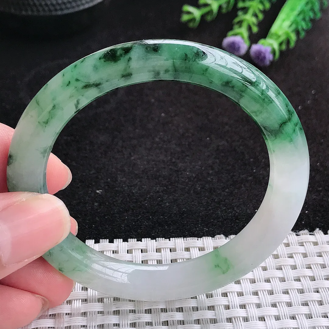 自然光53.5/9.3/9老坑精美冰润飘花圆条手镯天然翡翠玉镯女款百搭